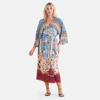 LA MAREY Kimono mit Vogel- und Blumenprint 100% Viskose Einheitsgröße 128 cm Länge, passend für Große 36-44, Beige
