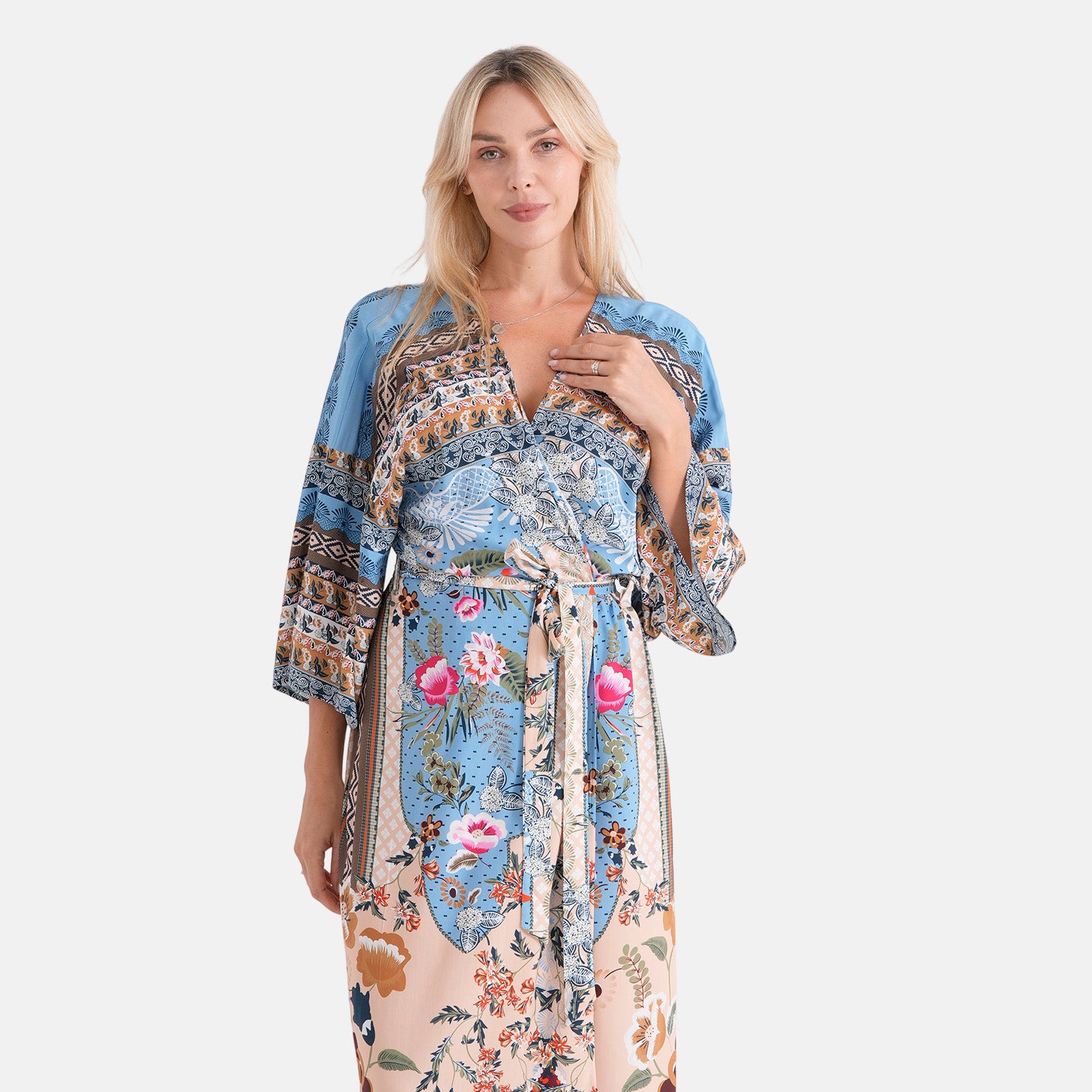 LA MAREY Kimono mit Vogel- und Blumenprint 100% Viskose Einheitsgröße 128 cm Länge, passend für Große 36-44, Beige