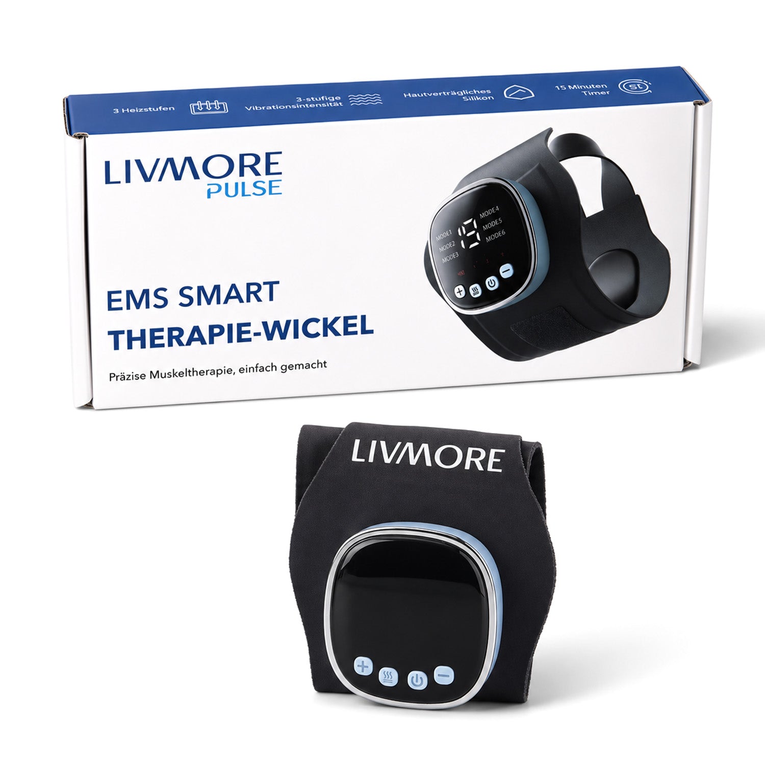 Livmore EMS Low-frequency pulse wrist wrap - Grey 1. Material: Polyester, spandex 2. Voltage: Input DC 5V, output 3.7V 3. Power: Output power 6W 4. Battery capacity: 1200 mA (included) 5. Functions: 6 modes, 19 intensity Settings, graphene 3 heating Sett