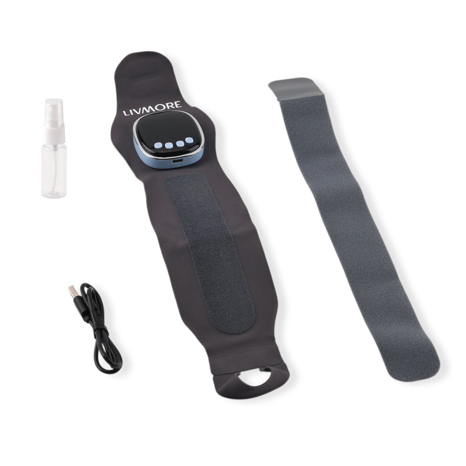 Livmore EMS Low-frequency pulse wrist wrap - Grey 1. Material: Polyester, spandex 2. Voltage: Input DC 5V, output 3.7V 3. Power: Output power 6W 4. Battery capacity: 1200 mA (included) 5. Functions: 6 modes, 19 intensity Settings, graphene 3 heating Sett
