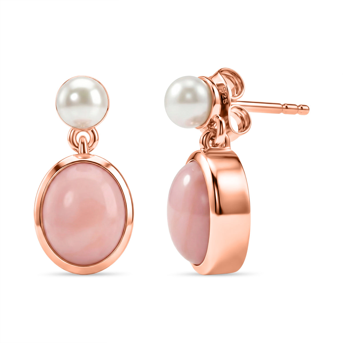 D'Joy AA Rosa Opal und 4mm Süßwasserperle Ohrringe, 925 Silber 750 rosévergoldet