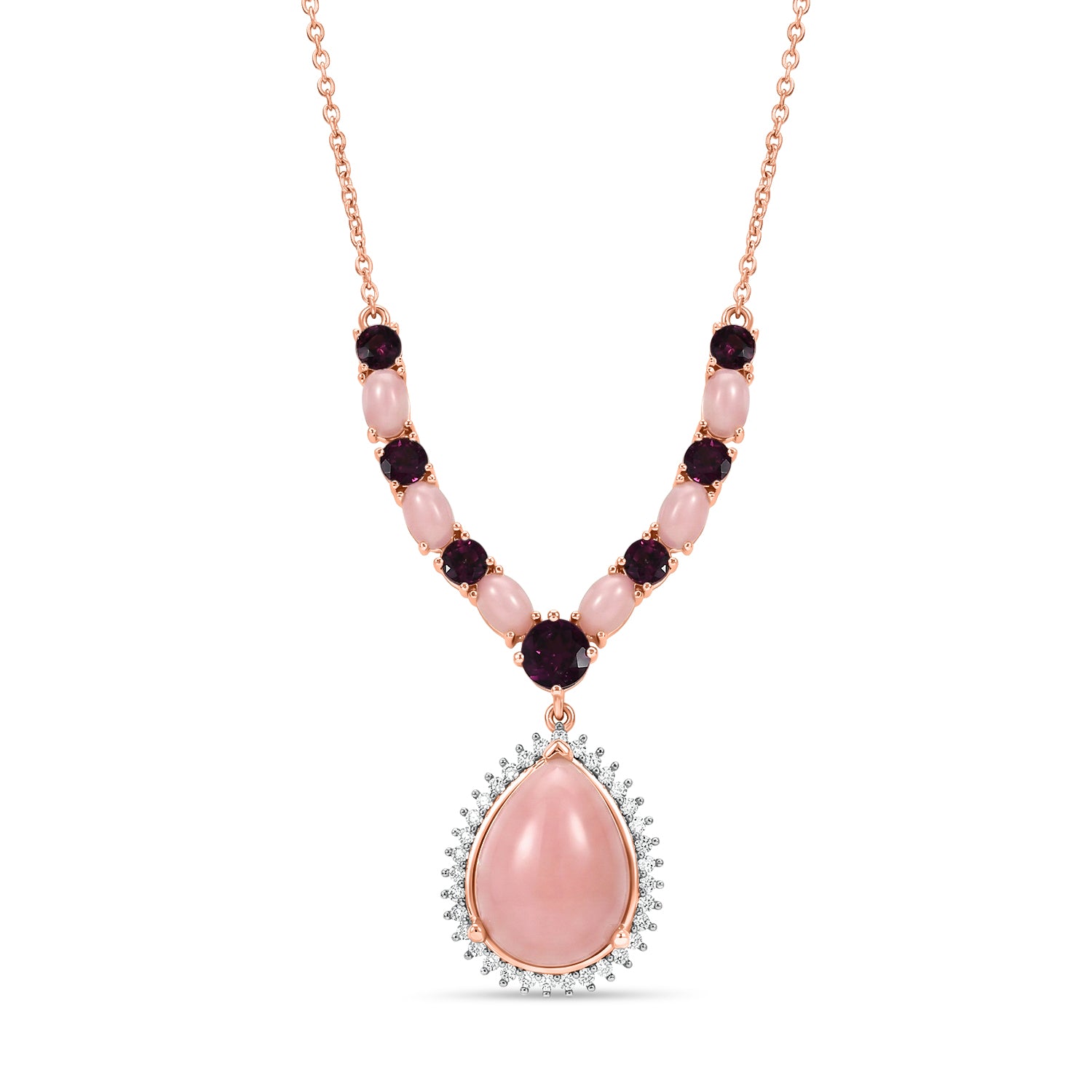 D'Joy AA Rosa Opal, Natürlicher Rhodolith Granat Halskette ca. 45 cm 925 Silber 750 Roségold Vermeil ca. 15,23 ct.