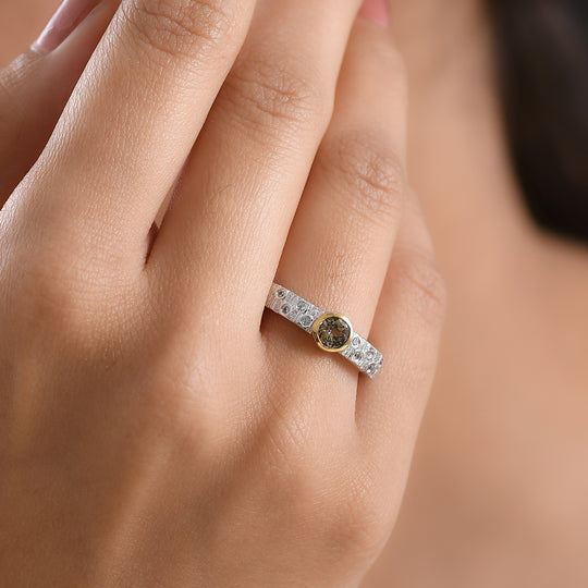 D'Joy AA Natürlicher goldener Tansanit, Weißer Zirkon Ring 925 Silber platiniert und vergoldet (Größe 18.00) ca. 0,50 ct