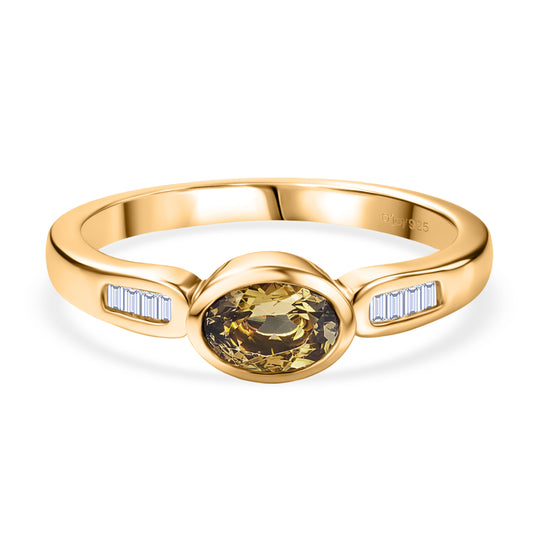 D'Joy AA Natürlicher goldener Tansanit, Weißer Diamant Ring 925 Silber 750 Gelbgold Vermeil (Größe 21.00) ca. 0,50 ct