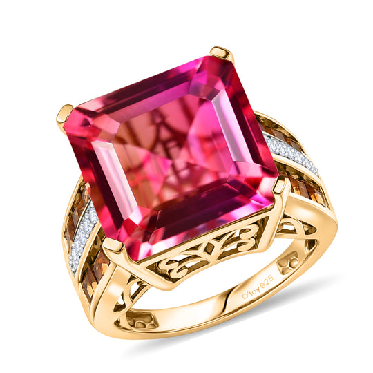 D'Joy Sonnenuntergang Skyline Sunset Quarz Triplette, Citrin Ring 925 Silber 750 Gelbgold Vermeil (Größe 19.00) ca. 14.19 ct