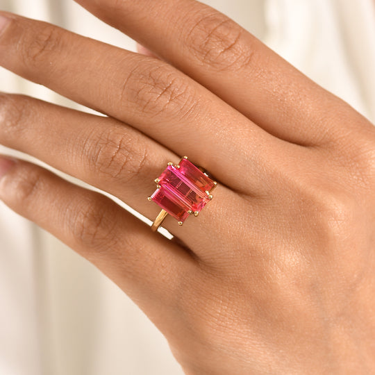 D'Joy Dreifacher Horizont Sunset Quarz Triplette Ring 925 Silber 750 Gelb Vergoldet (Größe 21.00) ca. 5.03 ct