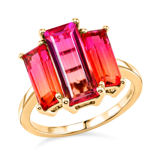 D'Joy Dreifacher Horizont Sunset Quarz Triplette Ring 925 Silber 750 Gelb Vergoldet (Größe 21.00) ca. 5.03 ct