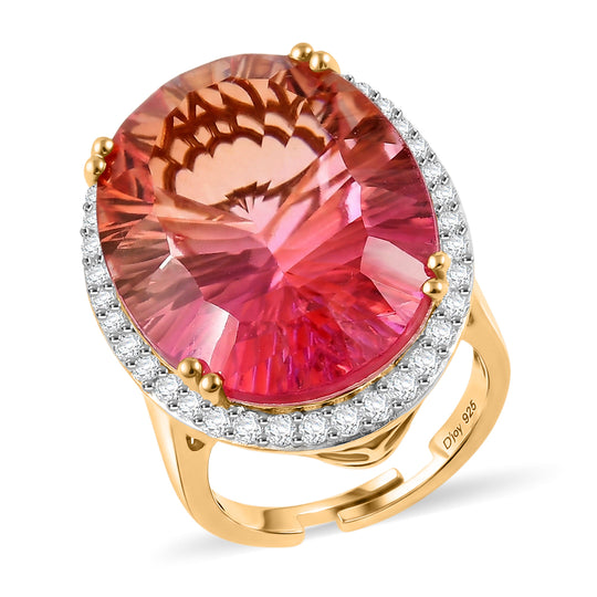 D'Joy Sunset Quarz Triplette, Weißer Zirkon Ring 925 Silber 750 Gelbgold Vermeil (Größe 17.00) ca. 29,48 ct