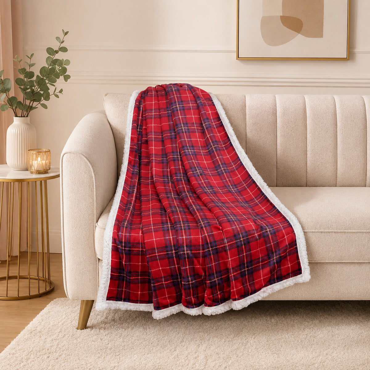 Double layer heavy weight blanket 100%polyester,280gsm flannel check print+180gsm white sherpa packing:vacuum packing with color insert