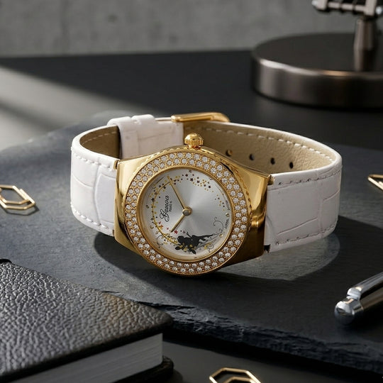GENOA - J Francis gefertigt mit SWAROVSKI Weißer Swarovski Kristall Uhren 23 cm Reine Legierung IP-Gelbbeschichtung