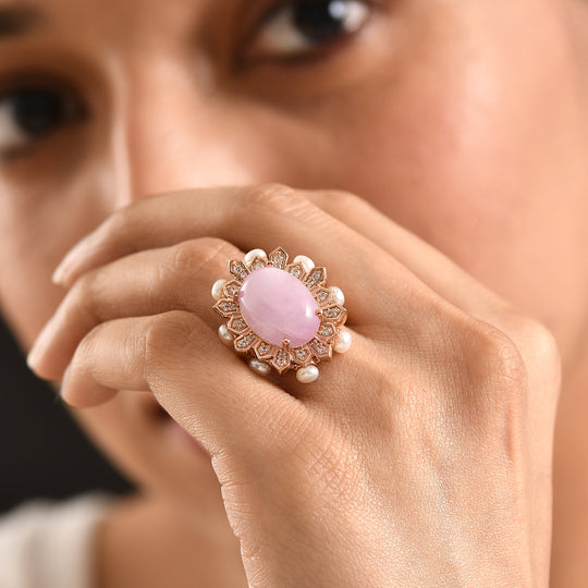 EVER TRUE Kunzit, Süßwasser Perle (4mm) Ring Nickelfreies Messing Roségoldfarben (Größe 20.00)