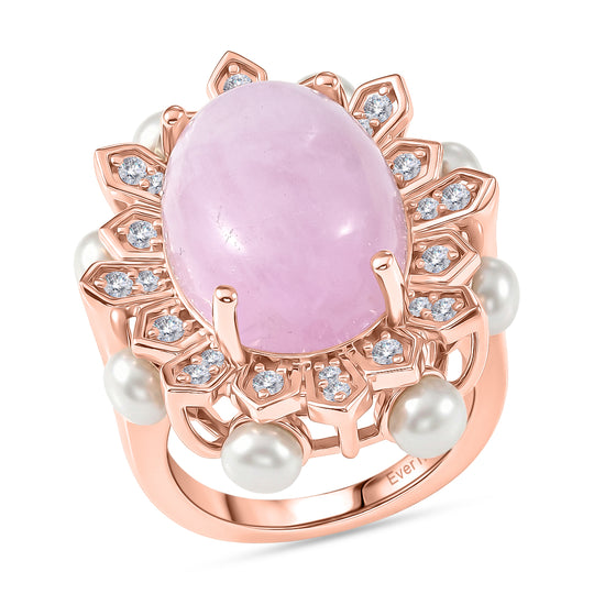 EVER TRUE Kunzit, Süßwasser Perle (4mm) Ring Nickelfreies Messing Roségoldfarben (Größe 20.00)