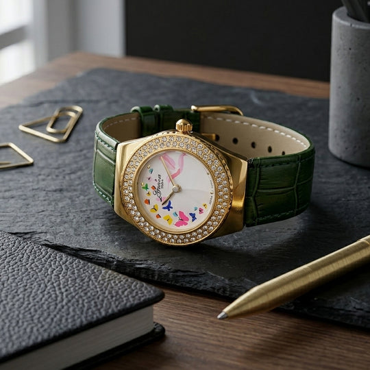 GENOA - J Francis gefertigt mit SWAROVSKI Weißer Swarovski Kristall Uhren 23 cm Reine Legierung IP-Gelbbeschichtung