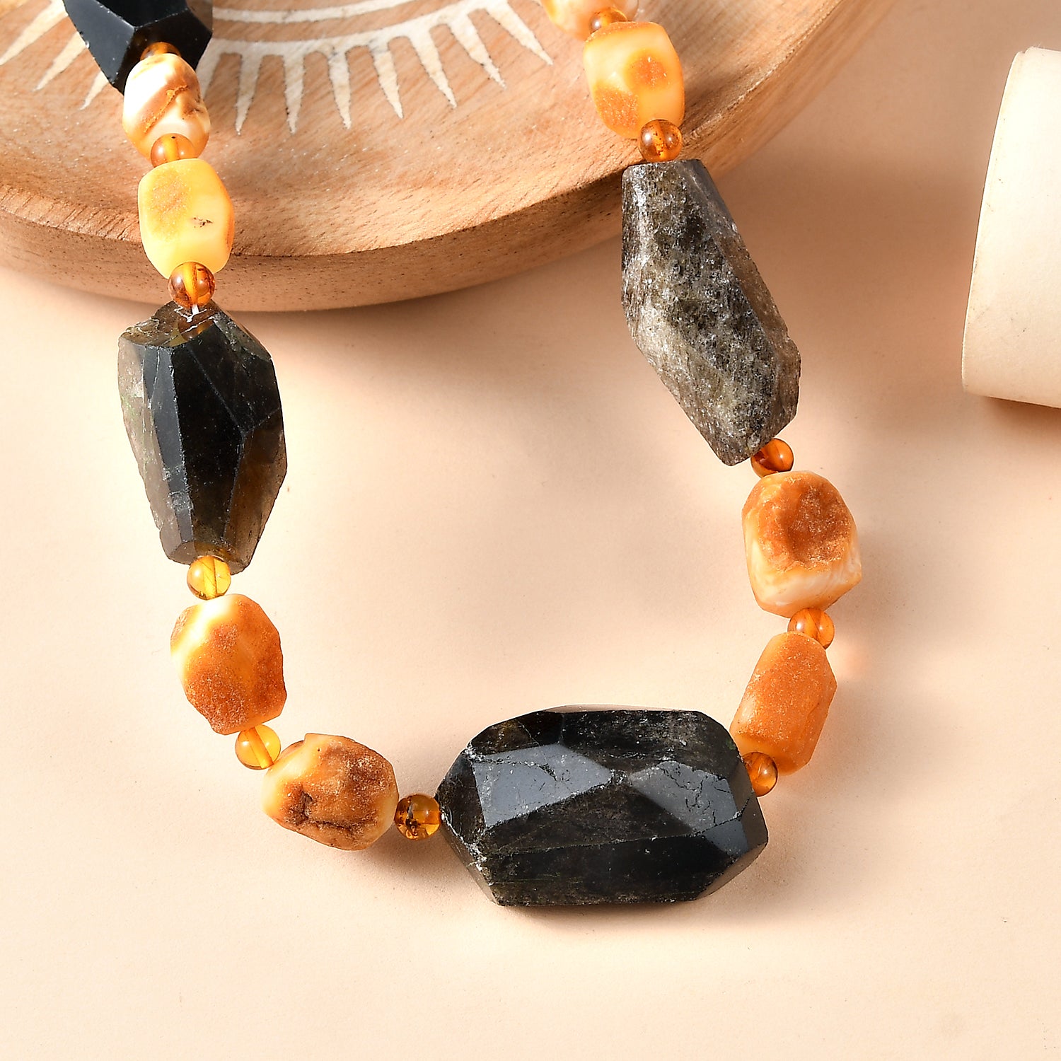 EVER TRUE Strahlen Quarz, Bernstein Halskette ca. 45 cm Nickelfreies Messing 750 Vergoldet ca. 288.00 ct