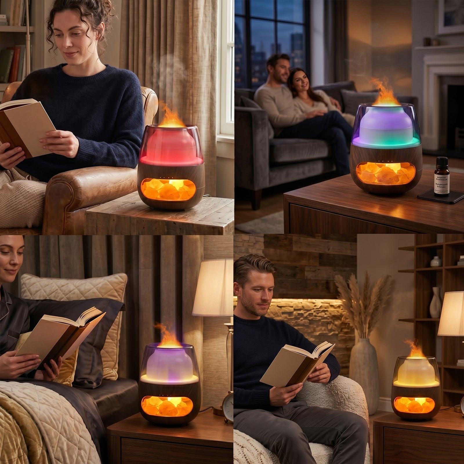 LIVMORE Aroma-Luftbefeuchter mit Holzoptik, Steindekor, LED Licht, Fernbedienung, 240 ml, inkl. 6 Duftöle, Grau/Transparent