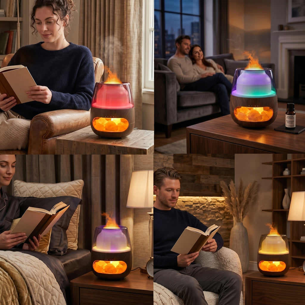 LIVMORE Aroma-Luftbefeuchter mit Holzoptik, Steindekor, LED Licht, Fernbedienung, 240 ml, inkl. 6 Duftöle, Grau/Transparent