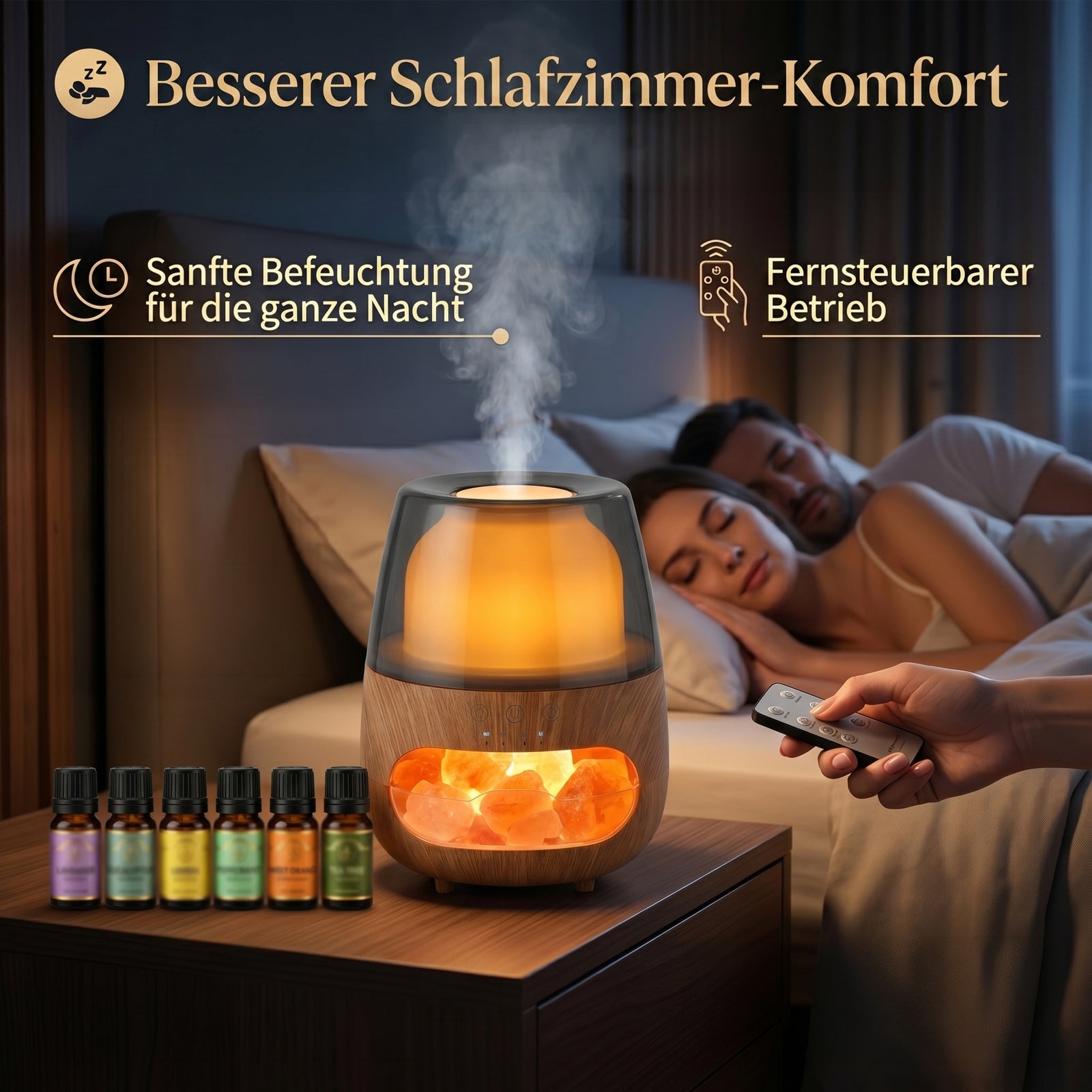 LIVMORE Aroma-Luftbefeuchter mit Holzoptik, Steindekor, LED Licht, Fernbedienung, 240 ml, inkl. 6 Duftöle, Grau/Transparent
