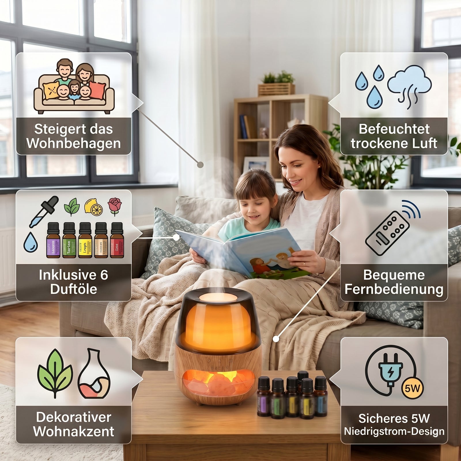 LIVMORE Aroma-Luftbefeuchter mit Holzoptik, Steindekor, LED Licht, Fernbedienung, 240 ml, inkl. 6 Duftöle, Grau/Transparent