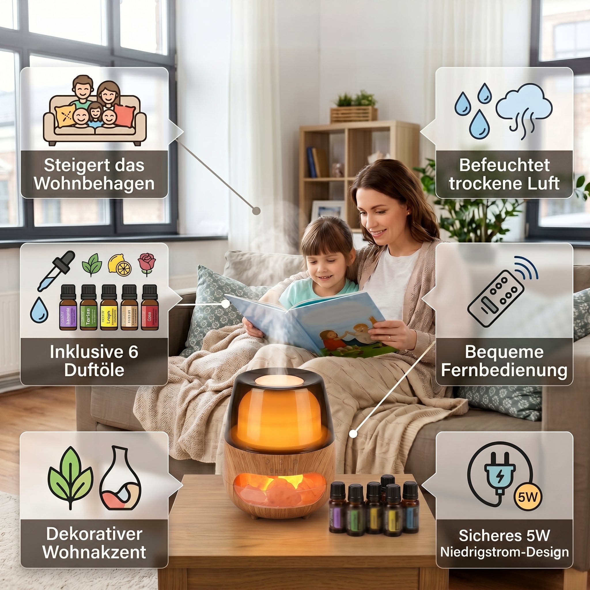 LIVMORE Aroma-Luftbefeuchter mit Holzoptik, Steindekor, LED Licht, Fernbedienung, 240 ml, inkl. 6 Duftöle, Grau/Transparent