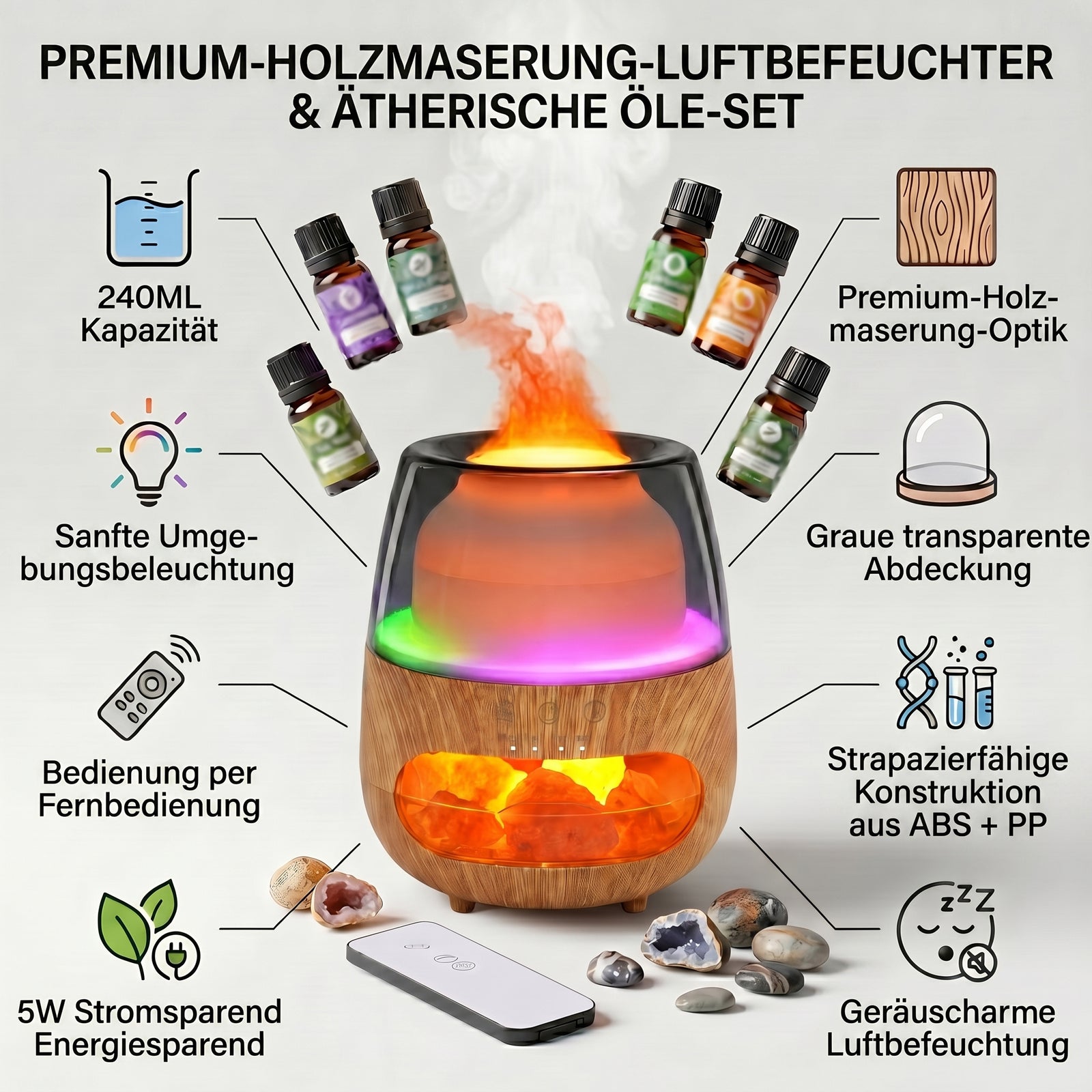 LIVMORE Aroma-Luftbefeuchter mit Holzoptik, Steindekor, LED Licht, Fernbedienung, 240 ml, inkl. 6 Duftöle, Grau/Transparent