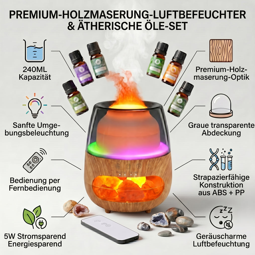 LIVMORE Aroma-Luftbefeuchter mit Holzoptik, Steindekor, LED Licht, Fernbedienung, 240 ml, inkl. 6 Duftöle, Grau/Transparent