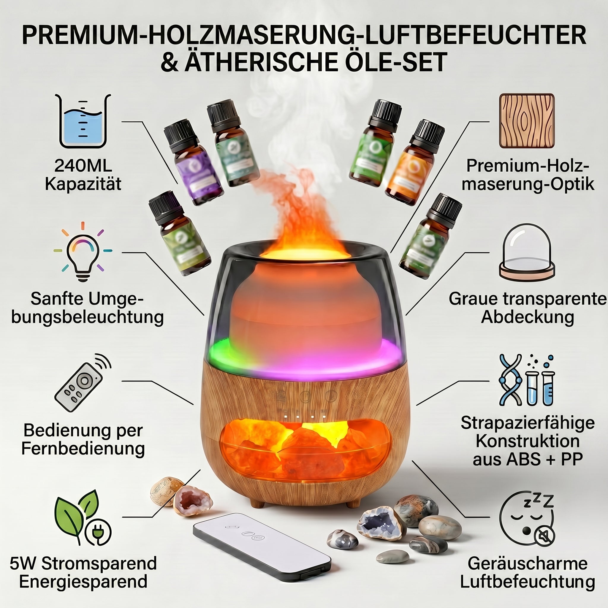 LIVMORE Aroma-Luftbefeuchter mit Holzoptik, Steindekor, LED Licht, Fernbedienung, 240 ml, inkl. 6 Duftöle, Grau/Transparent