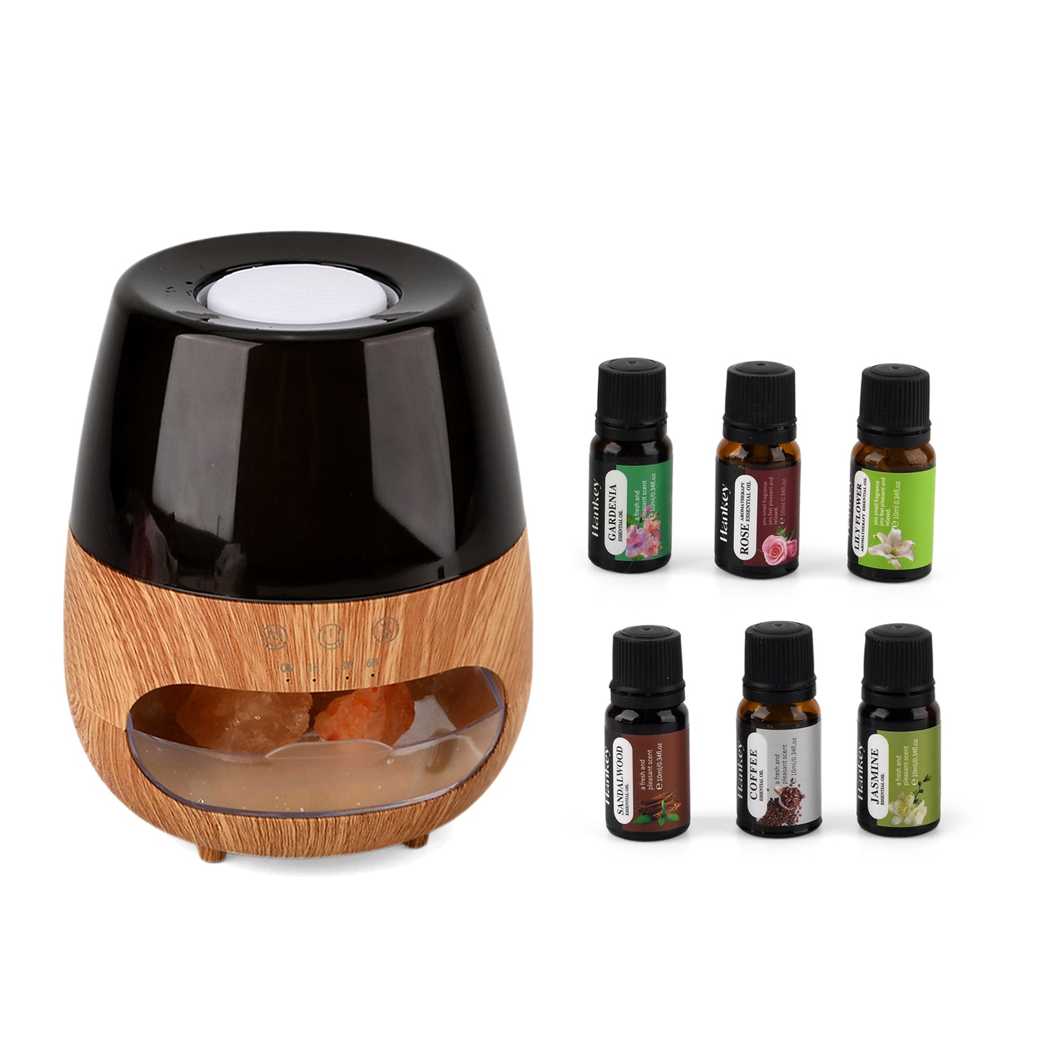 LIVMORE Aroma-Luftbefeuchter mit Holzoptik, Steindekor, LED Licht, Fernbedienung, 240 ml, inkl. 6 Duftöle, Grau/Transparent