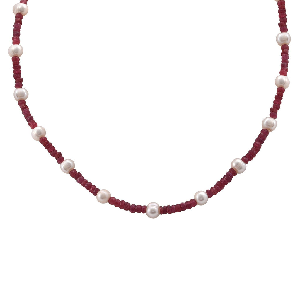 Afrikanischer Rubin (Fissure gefüllt), Süßwasser Perle (2-3 mm) Halskette ca. 45 cm 925 Silber rhodiniert