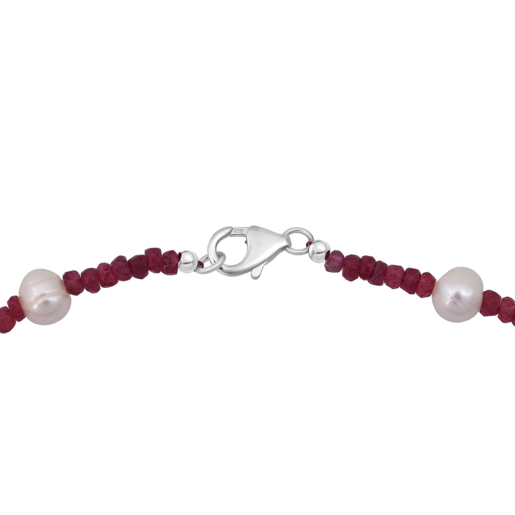 Afrikanischer Rubin (Fissure gefüllt), Süßwasser Perle (2-3 mm) Halskette ca. 45 cm 925 Silber rhodiniert