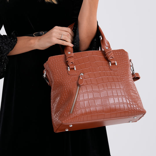 Leder-Handtasche mit Kroko-Prägung und Schulterriemen, 34 x 10 x 30 cm, Bordeauxrot