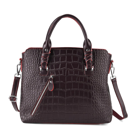 Leder-Handtasche mit Kroko-Prägung und Schulterriemen, 34 x 10 x 30 cm, Bordeauxrot