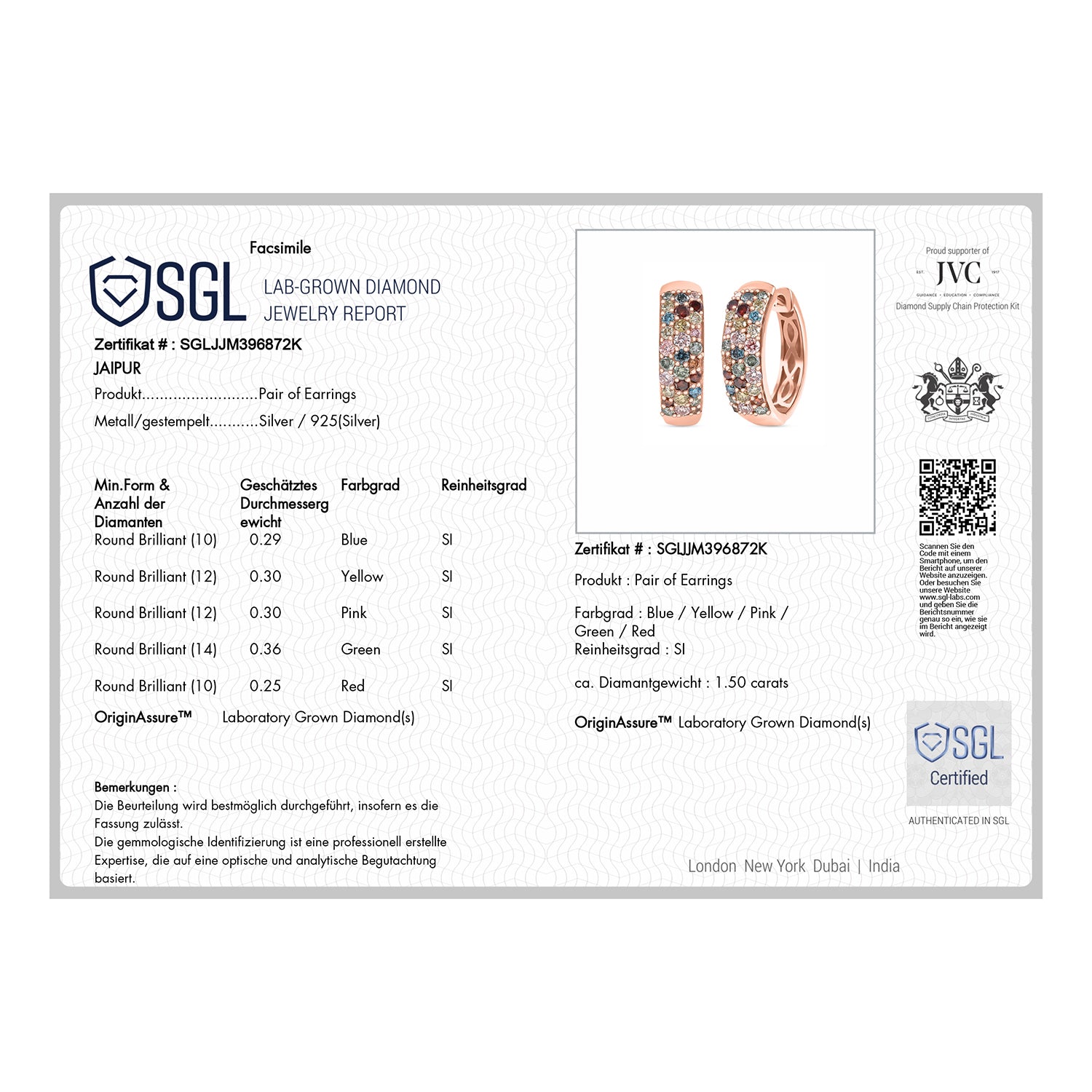 LUXURIANT DIAMOND - Lab Grown Mehrfarbig Diamant SI, Lab Grown Gelb Diamant Ohrringe, SGL zertifiziert, 925 Silber 750 Roségold Vermeil ca. 1.50 ct