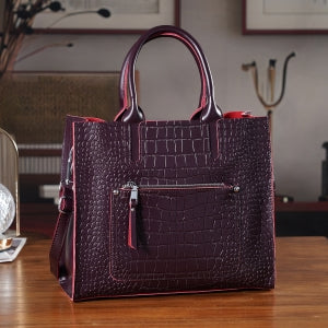 Henkeltasche aus Echtleder mit Krokoprägung, Schulterriemen und Reißverschlussfach, 33x12x28cm, Braun