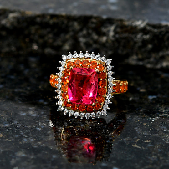 D'Joy Majestätische Abendsonne Sunset Quarz Triplette, Salamanca Feueropal Ring 925 Silber 750 Gelbgold Vermeil (Größe 21.00) ca. 4.66 ct
