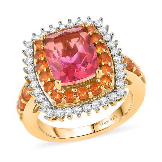 D'Joy Majestätische Abendsonne Sunset Quarz Triplette, Salamanca Feueropal Ring 925 Silber 750 Gelbgold Vermeil (Größe 21.00) ca. 4.66 ct
