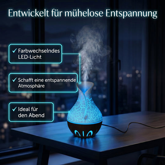 LIVMORE Luftbefeuchter und Aromadiffusor mit 7 ätherischen Ölen, LED Farbwechsel, 200 ml, Braun