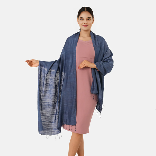 LA MAREY, Seiden Leinen Stola, 65% Leinen, 35% Seide, 70 x 200 cm, Dunkelblau
