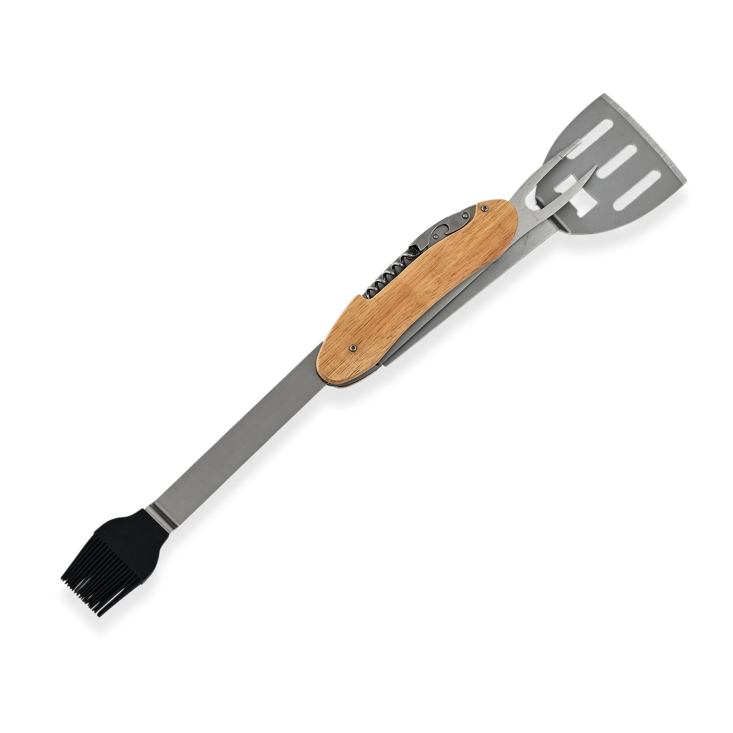 Stainless+wooden shovel,with brush, fork and bottle opener