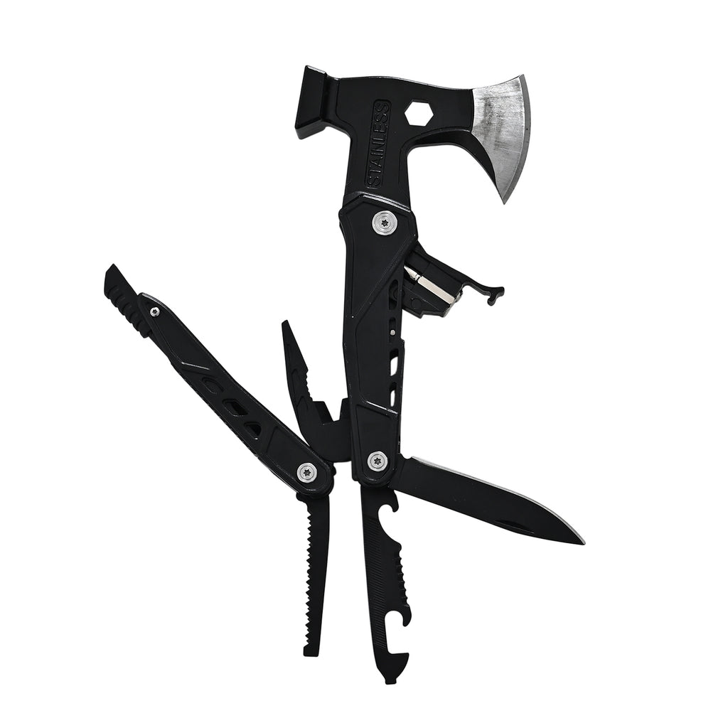 Stainless knife with saw,screwdriver, fork  bottle opener and flintstone