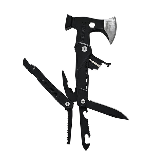 Stainless knife with saw,screwdriver, fork  bottle opener and flintstone