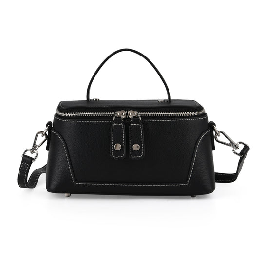 Echtleder City Crossbody-Tasche mit Tragegriff, Schwarz, 23.5x12x10 cm