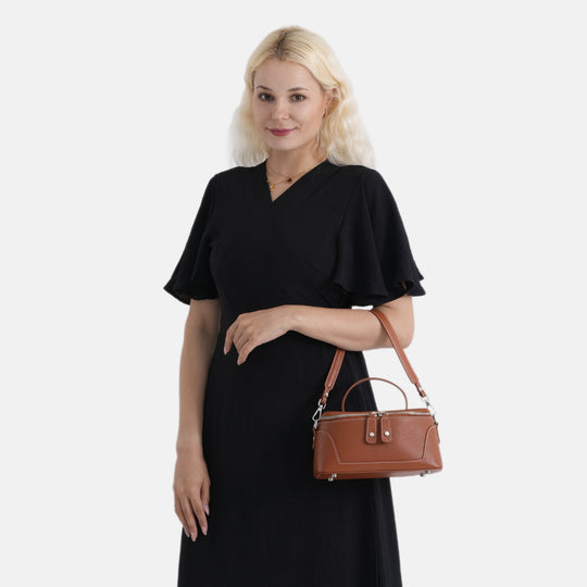Echtleder City Crossbody-Tasche mit Tragegriff, Schwarz, 23.5x12x10 cm