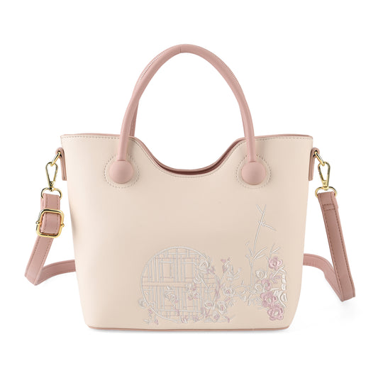 Kunstleder-Handtasche mit Tragegriffen und Umhängeriemen, florales Detail, Reißverschlussfächer, 30 x 22 x 11 cm, Rosa/Creme