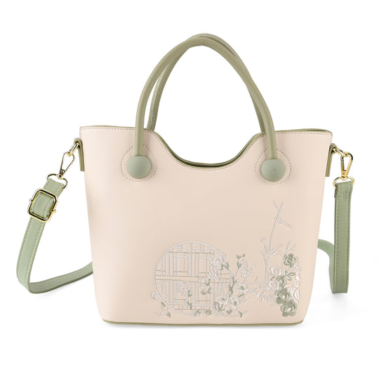 Kunstleder-Handtasche mit Tragegriffen und Umhängeriemen, florales Detail, Reißverschlussfächer, 30 x 22 x 11 cm, Rosa/Creme