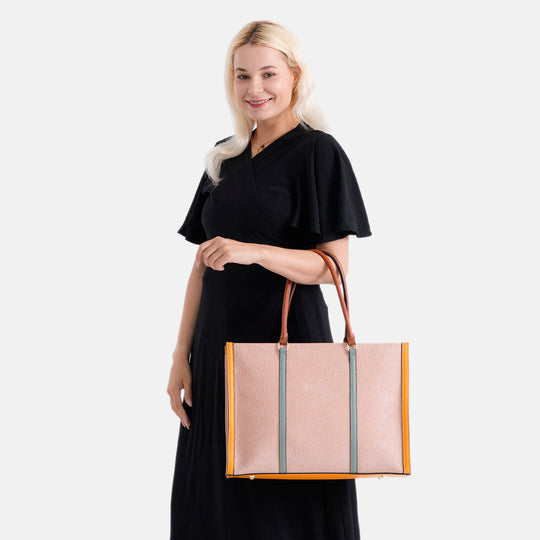 City-Shopper im Colourblock-Design aus Kunstleder mit Schulterriemen und Reißverschlussfächern, ca. 42 x 14 x 30 cm, Lavendel
