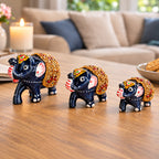 Livmore  Set of 3  Plastic Elephant With Golden Tube Size- 5/5.5/7.5 cm Color-Black and Golden