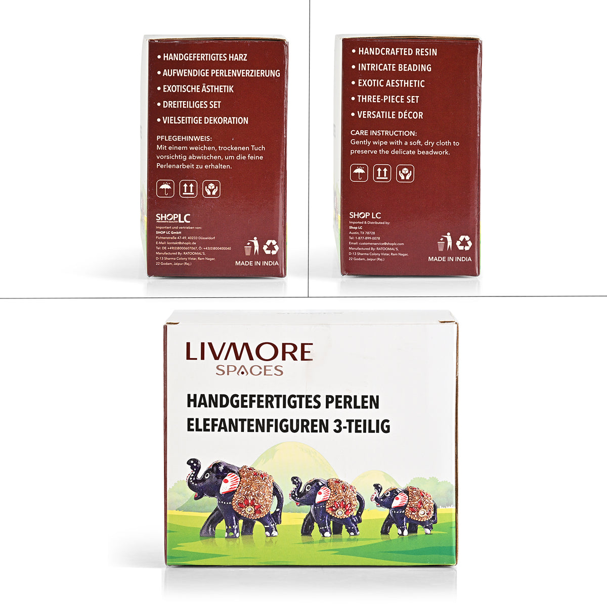 Livmore  Set of 3  Plastic Elephant With Golden Tube Size- 5/5.5/7.5 cm Color-Black and Golden