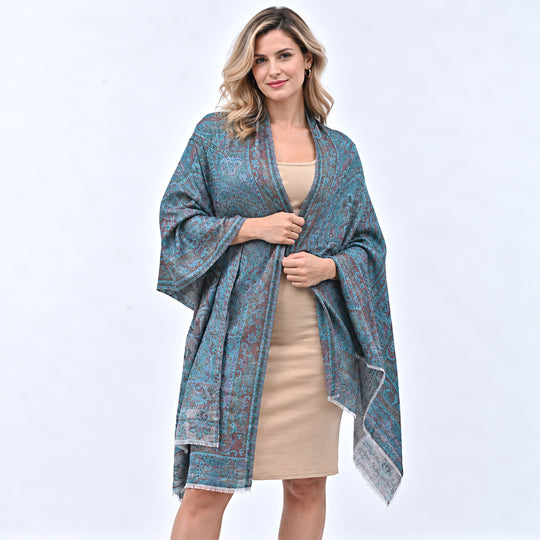 La Marey Signature  Cashmere Jamavar Stole Fabric - 100% cashmere                          Color - Blue W - 70 cm L - 200 cm