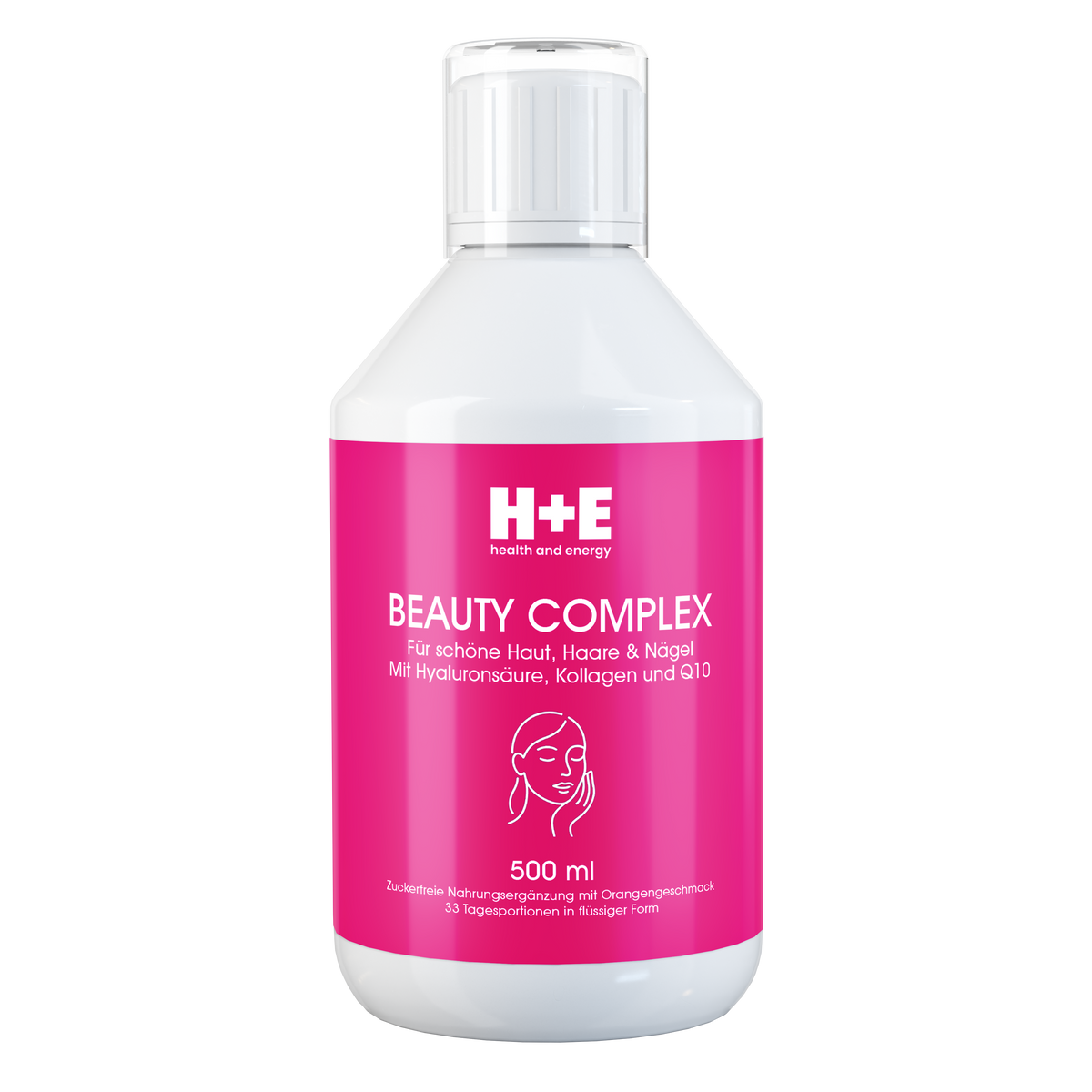 H+E Beauty Complex, flüssiges Nahrungsergänzungsmittel mit Kollagen, Hyaluronsäure und Biotin, Für kräftiges Haar, gesunde Nägel und eine strahlende Haut, 500ml