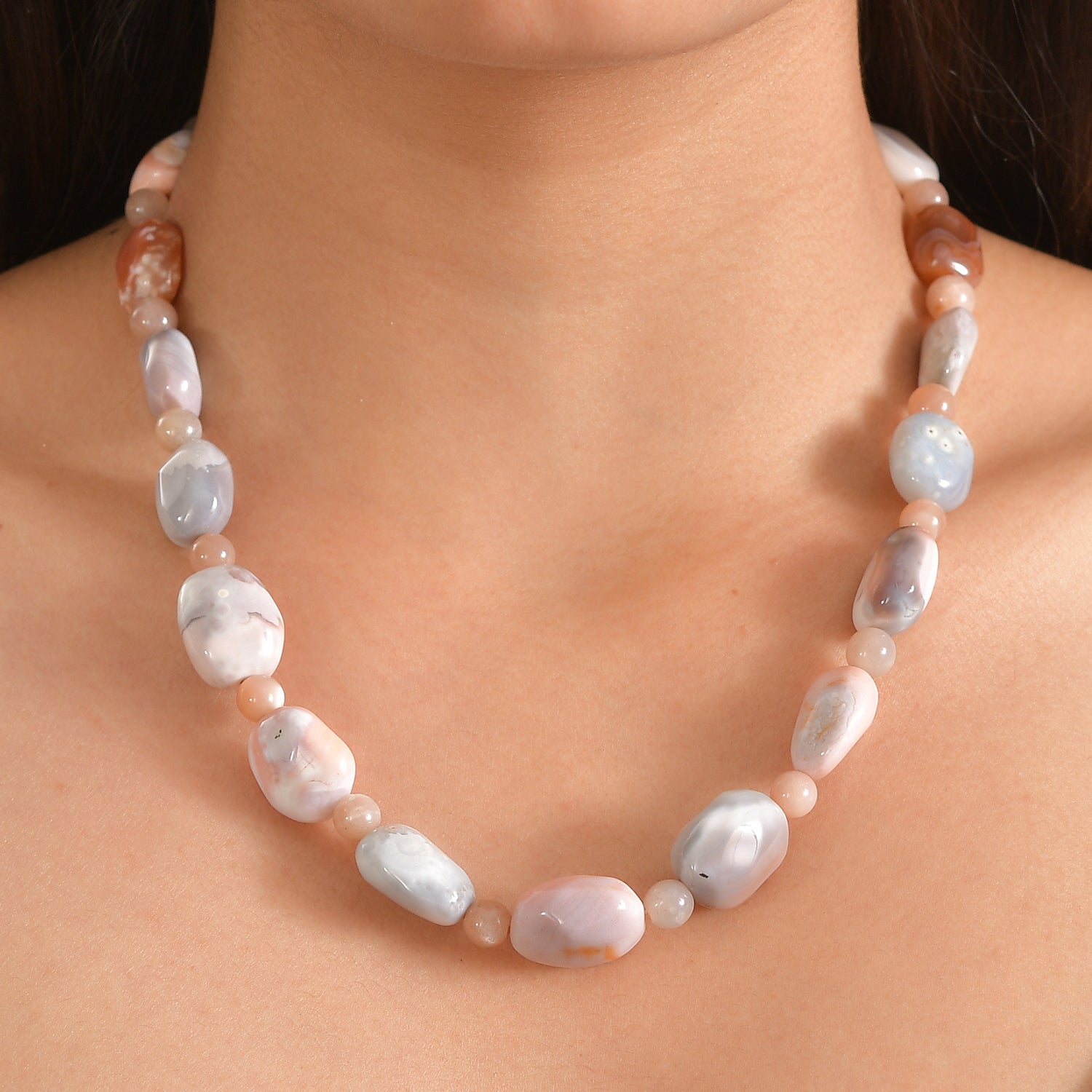 EVER TRUE Botswana-Achat, Pfirsich Mondstein Halskette ca. 45 cm Nickelfreies Messing ca. 360.00 ct
